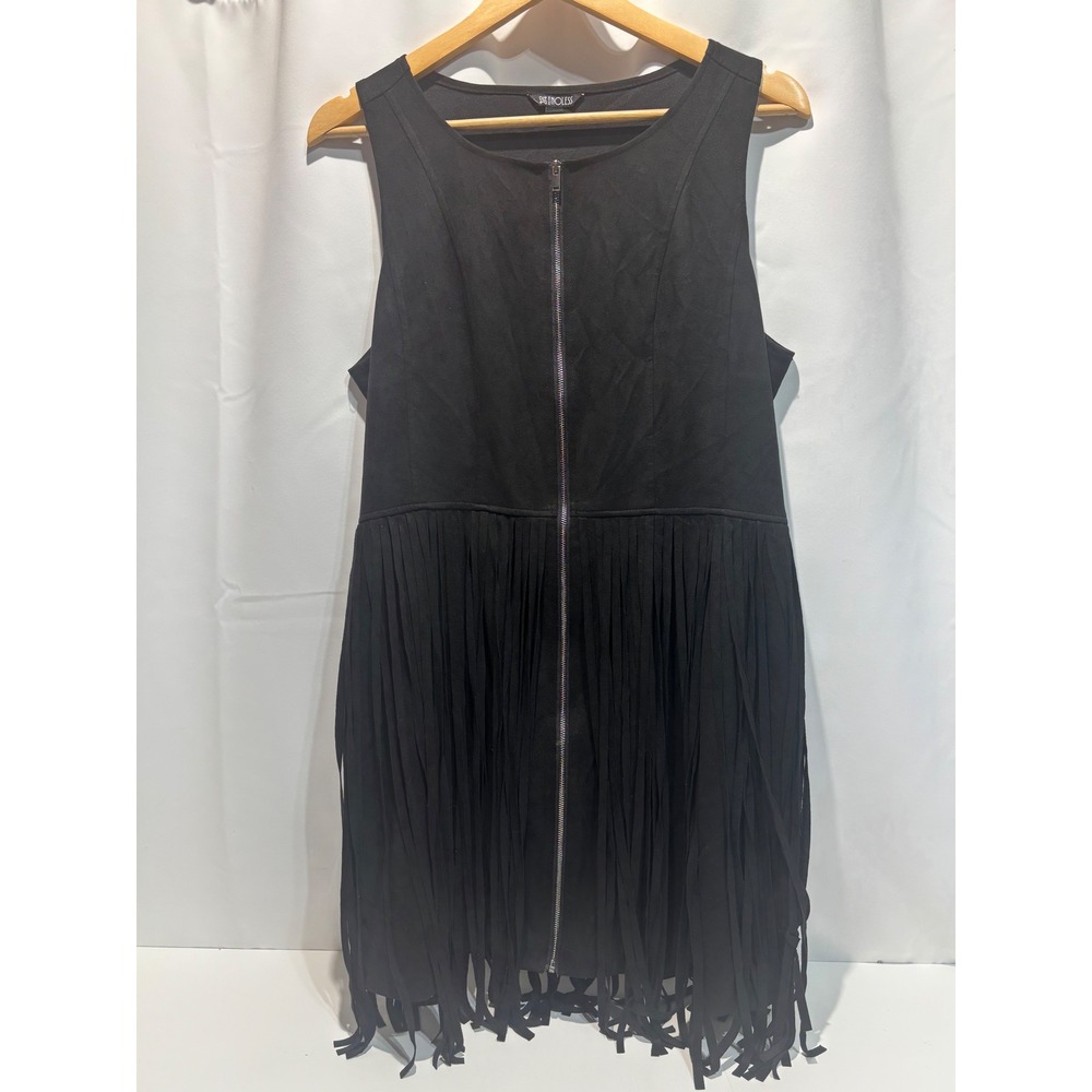 Relish Noless Dress Women XL Black Faux Suede Fringe Zip Front Sleeveless Mini